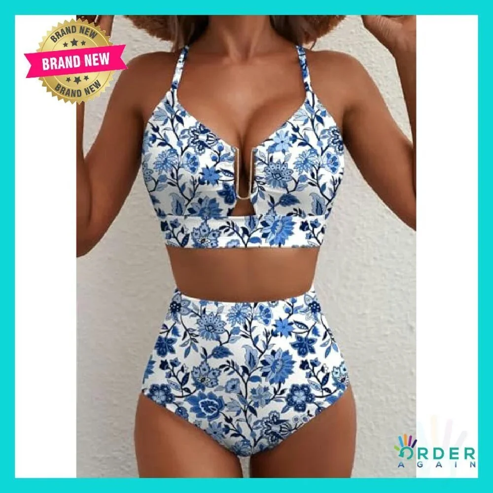 High Waisted U Wire Bikini Set Floral Print Crisscross Back Swimsuit Beachwear